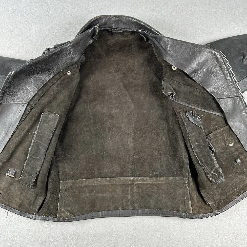 Vintage 60s 70s Leather Motorcycle Jacket Men's 40 Black Unlined Belted Biker